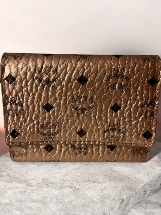 MCM Handbags - MCM Visetos Trifold Flap Snap Champange Metallic Leather Wallet